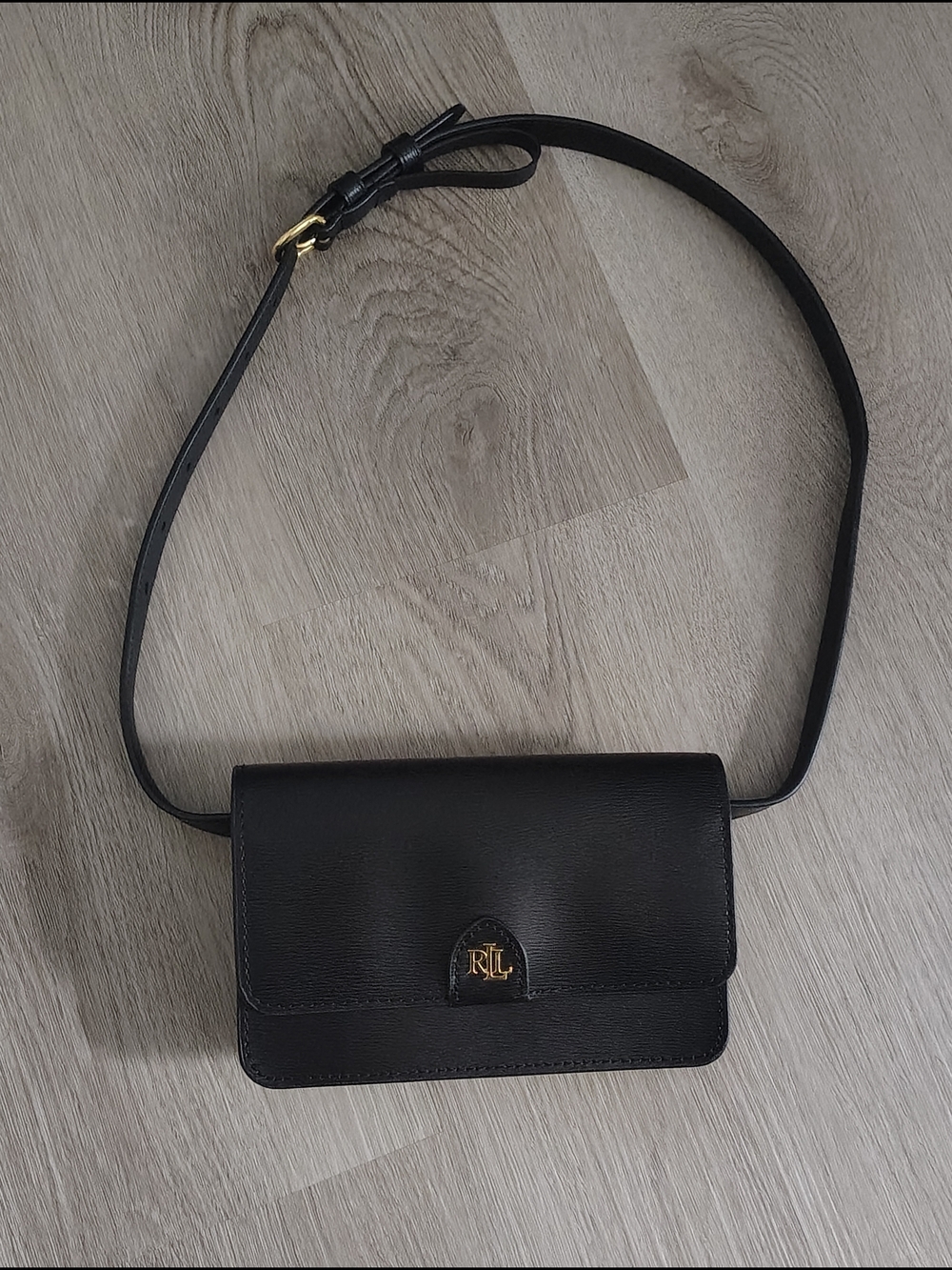 🆕Lauren Ralph Lauren Black Beltbag/Crossbody with Gold Logo Sz Medium
